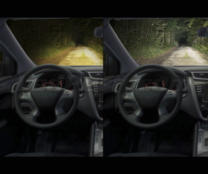 Vertailu ennen ja jälkeen asennuksen Osram H4 LED XTR ajoneuvon sisältä katsottuna