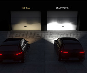 Ajovalot autovertailu ennen ja jälkeen Osram H7 LED XTR asennuksen autotallin oven edessä.