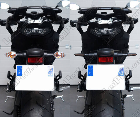 Vertailu ennen ja jälkeen perättäisiin LED-suuntavilkkuihin siirtymisen Indian Motorcycle Scout Rogue 1133 (2022 - 2023)